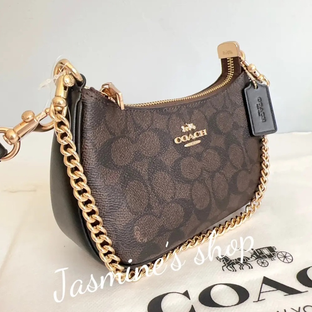 Coach Signature Canvas Gold/Walnut/Black Mini Teri Shoulder Bag - Picture 10 of 14